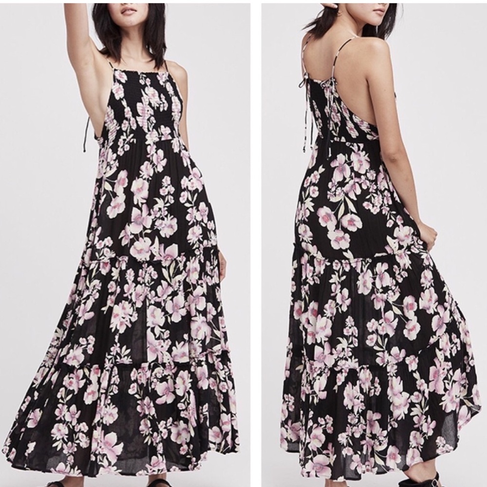 New‎ intimately Free People Black floral smocked Garden Party Maxi Rayon Dress S